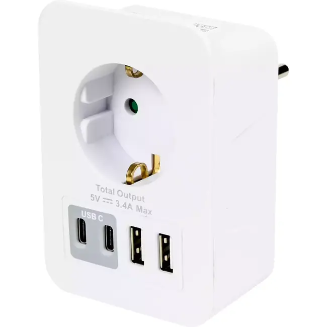 Benson Stopcontact met 2 USB-A en 2 USB-C poorten - Kinderbeveiliging - Telefoon dock - 16A - 5V 3,4A