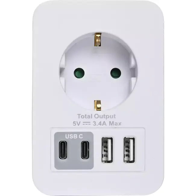 Benson Stopcontact met 2 USB-A en 2 USB-C poorten - Kinderbeveiliging - Telefoon dock - 16A - 5V 3,4A