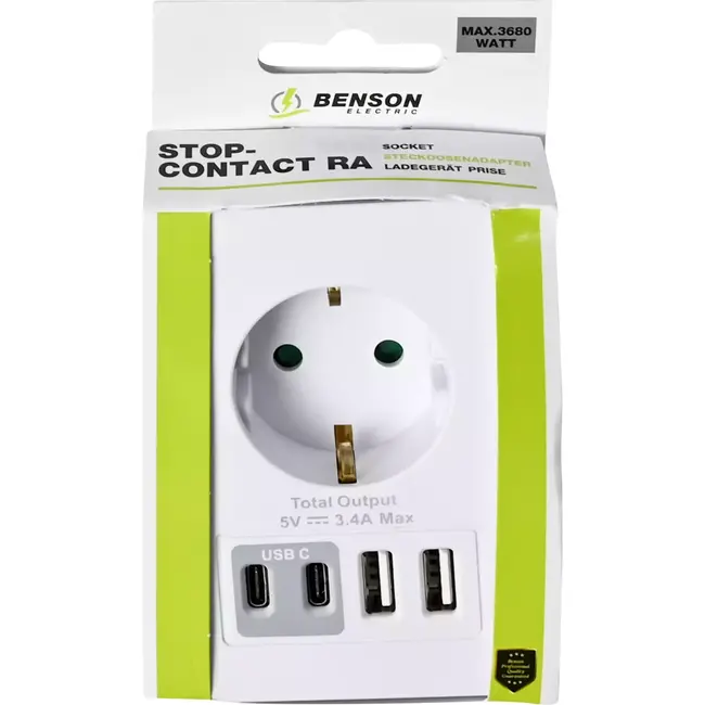 Benson Stopcontact met 2 USB-A en 2 USB-C poorten - Kinderbeveiliging - Telefoon dock - 16A - 5V 3,4A