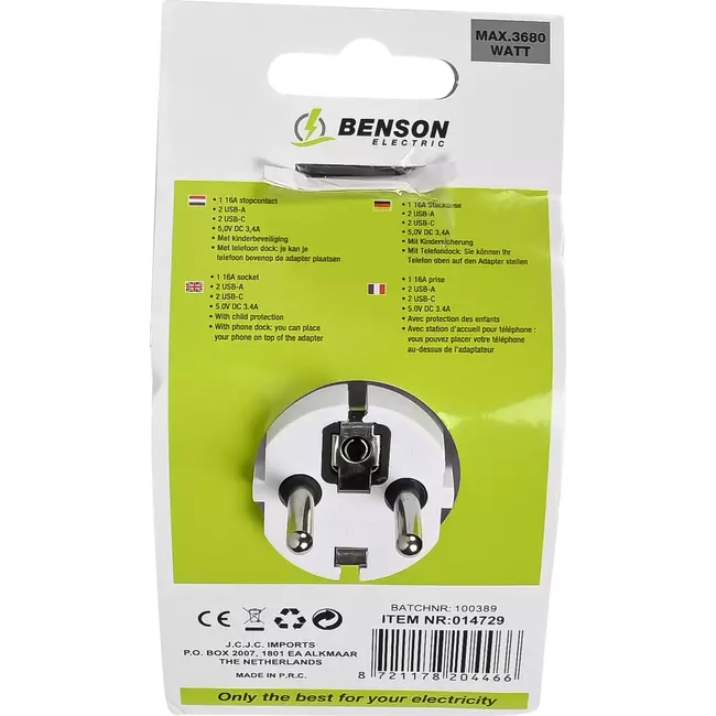 Benson Stopcontact met 2 USB-A en 2 USB-C poorten - Kinderbeveiliging - Telefoon dock - 16A - 5V 3,4A