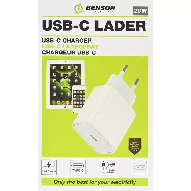 Benson USB-C lader - 20W - Compact en veelzijdig - Snelle oplaadcapaciteit