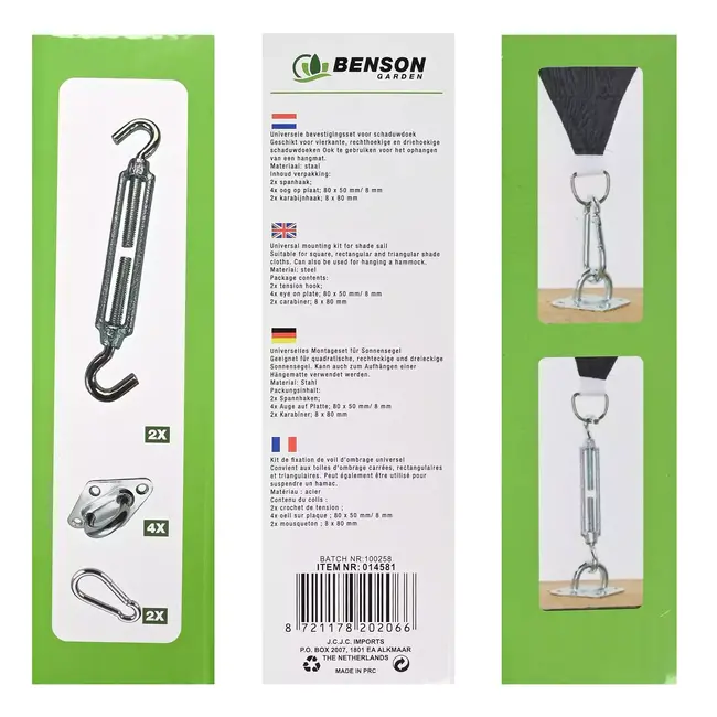 Benson Bevestigingsset schaduwdoek - 8-delig - Staal - Voor diverse vormen - Inclusief karabijnhaken en oogplaten