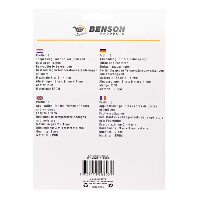 Benson Tochtstrip rubber E-profiel - 2x3 m - Zwart - Geschikt voor kieren 2-4 mm - EPDM - Set van 2