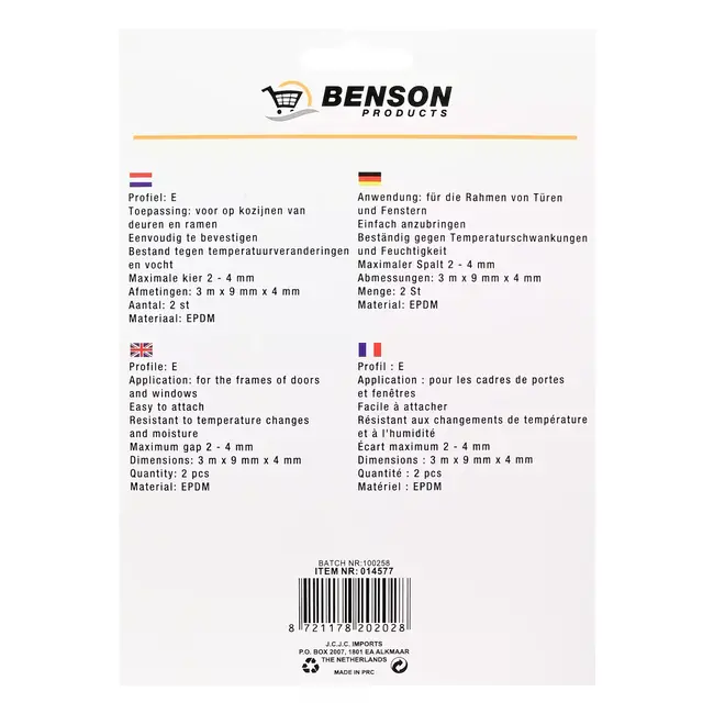 Benson E-profiel tochtstrip - 2x3 m - wit - zelfklevend - EPDM rubber - 2 stuks