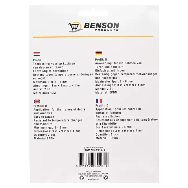 Benson Tochtstrip D-profiel - 2x3 m - Wit - Eenvoudige Bevestiging - Weerbestendig - 2 stuks