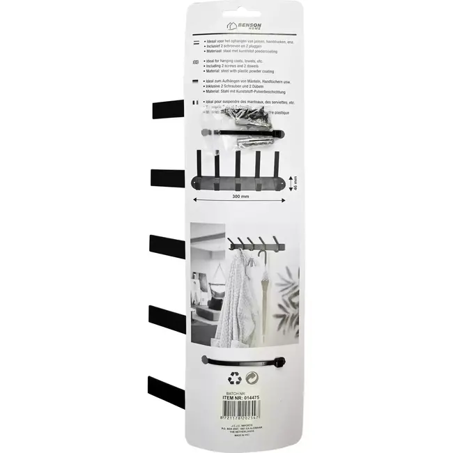 Benson Kapstok met 5 dubbele haken - Staal - Wandmodel - 30 cm - Inclusief bevestigingsmateriaal