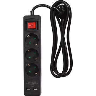 Benson 3-voudige stekkerdoos met schakelaar en USB-poorten - 1.5 meter - zwart