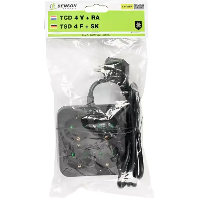 Benson Vierkante stekkerdoos - 4-voudig - RA - 1.5 meter - zwart