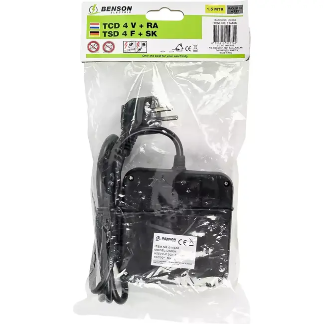 Benson Vierkante stekkerdoos - 4-voudig - RA - 1.5 meter - zwart