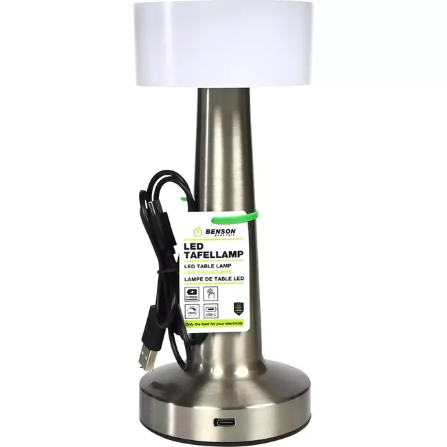 Benson Oplaadbare LED tafellamp - Touchbediening - Zilver - 3 Kleuren - 21 cm