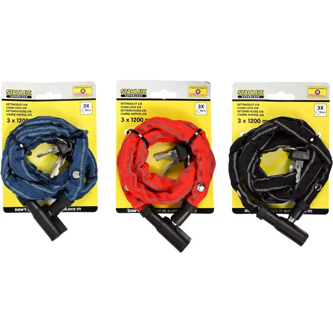 Benson Kettingslot met reflecterende hoes - 3 x 1200 mm - Inclusief 3 sleutels - Rood, zwart of blauw