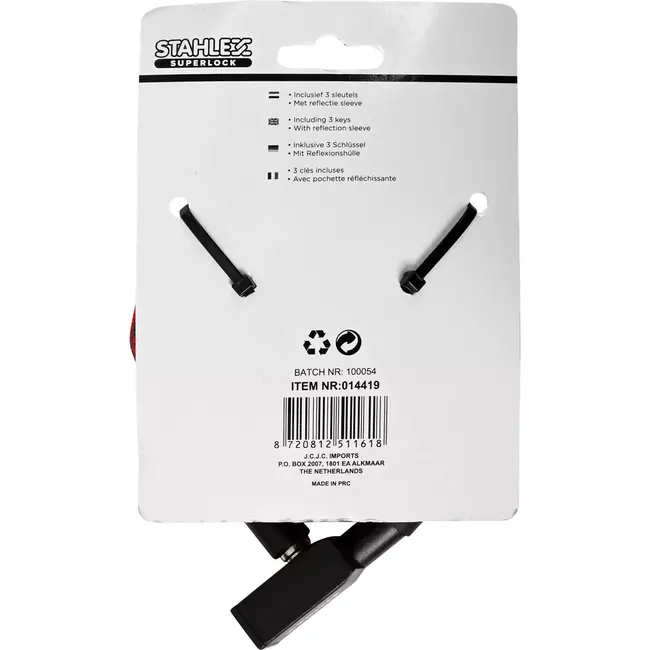 Benson Kettingslot met reflecterende hoes - 3 x 1200 mm - Inclusief 3 sleutels - Rood, zwart of blauw