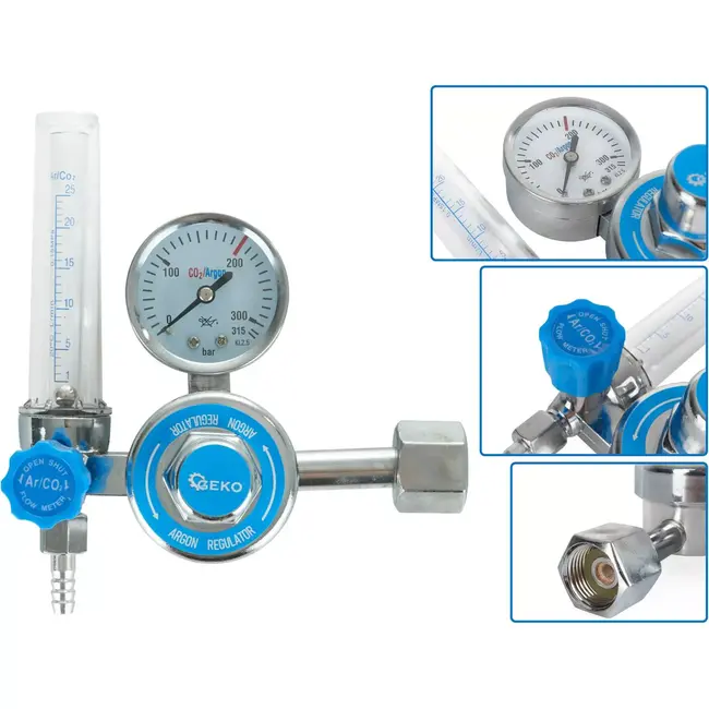 GEKO CO2/argon drukregelaar met precisie rotameter voor MIG/TIG lassen
