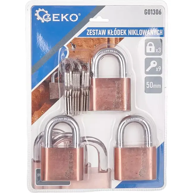 GEKO Set van 3 nikkel-geplateerde hangsloten - 50mm - Eén sleutel systeem