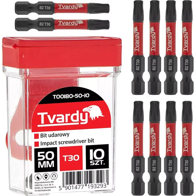 Tvardy Impact bit set - T30 Torx - 50mm S2 staal - magnetische tip - 10 stuks