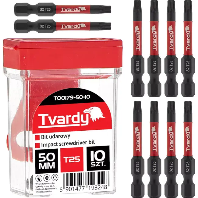 Tvardy Impact bit T25 - 50mm - S2 staal - magnetische tip - set van 10 stuks