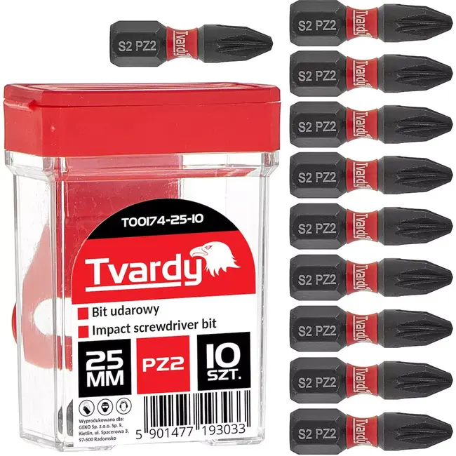 Tvardy Impact bit set - PZ2 25mm - S2 staal - magnetische tip - 10 stuks
