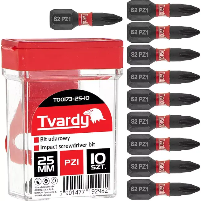 Tvardy Impact bit PZ1 - 25mm - S2 staal - Magnetische tip - Set van 10