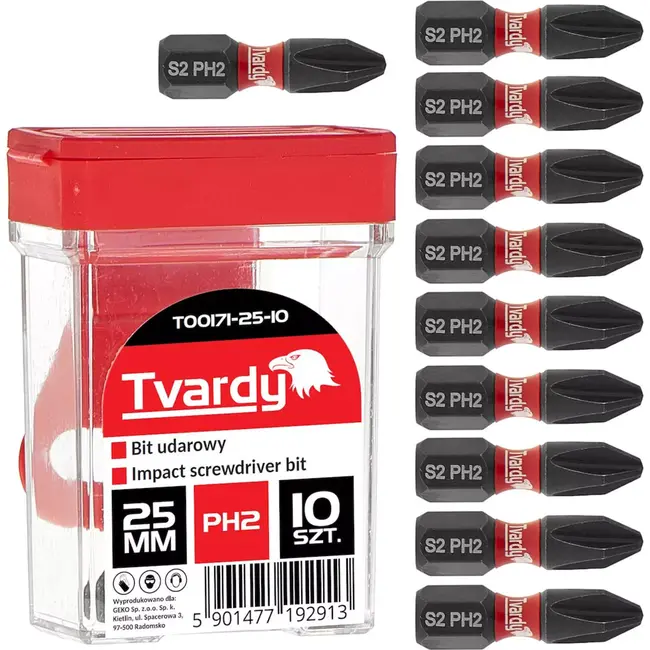 Tvardy Impact bit PH2 - S2 staal - 25mm - Magnetische punt - Set van 10 stuks