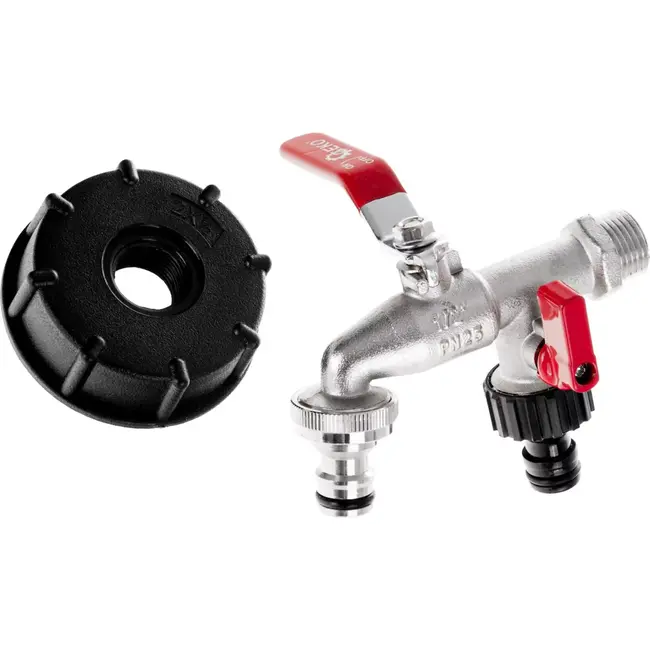 GEKO Dubbele kraan met IBC-adapter en snelkoppelingen - Weerbestendig en eenvoudig te installeren