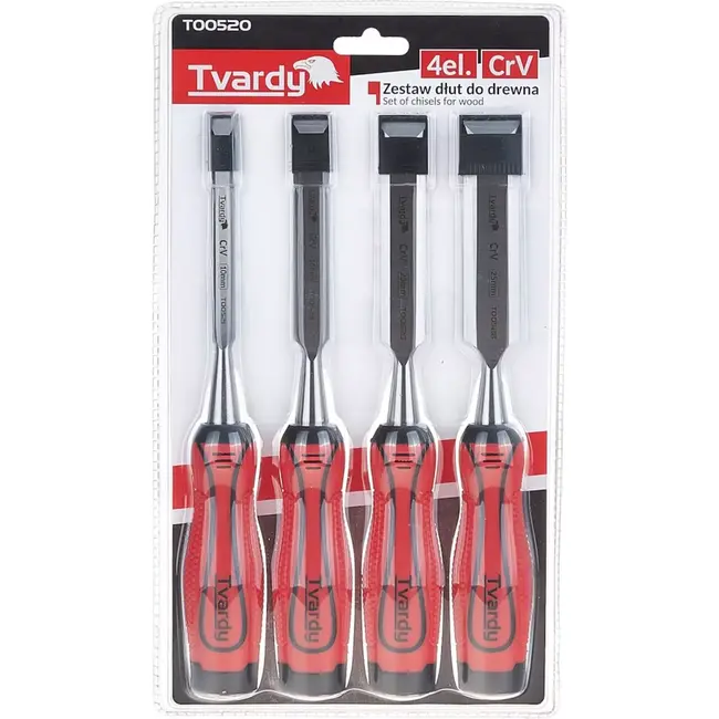 Tvardy Set platte houtbeitels - CrV staal - Ergonomisch - 4 stuks - 10-25 mm