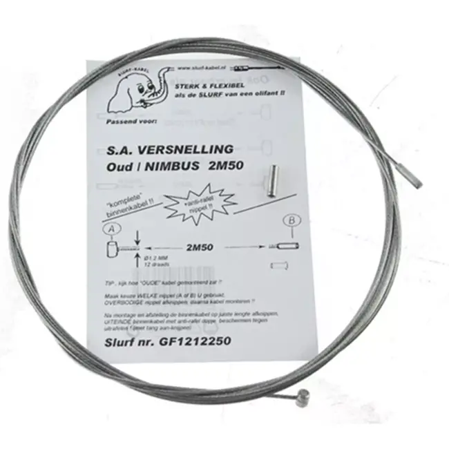 Slurf Versnellingskabel - RVS - Anti-fray nippel - 250 cm - Zilver