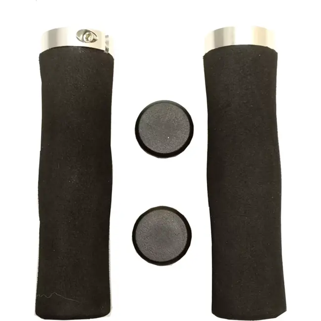 Falkx Zwarte ergonomische fietshandvatten - 130 mm - met zilveren lock ring