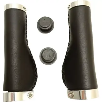 Falkx Ergonomische fietshandvatten - zwart leer - dubbele zilveren lock-ring - 137 mm - comfort en grip