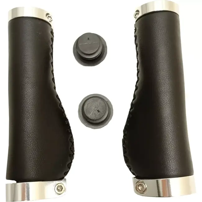 Falkx Ergonomische fietshandvatten - zwart leer - dubbele zilveren lock-ring - 137 mm - comfort en grip