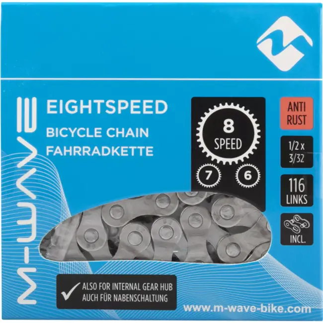 M-Wave Ketting 6/7/8-speed - Anti-roest - 116 schakels - Zilver - Geschikt voor interne naafversnellingen