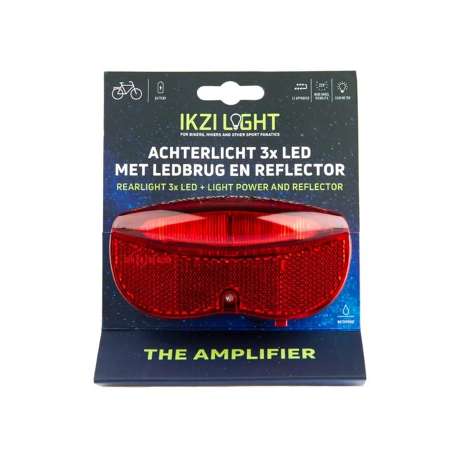 Ikzilight Achterlicht met 3 LED's - 50mm montage - Batterij - IPX4 waterdicht - Zichtbaar tot 1000 meter