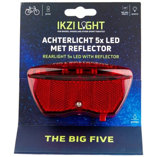 Ikzilight Achterlicht met 5 LED's en reflector - Batterijgevoed - 80mm - Zichtbaar tot 800m
