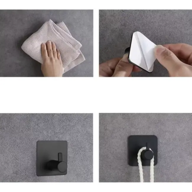 Ruhhy Zwarte Metalen Handdoekhaken – Set van 4 – Boorvrije Montage