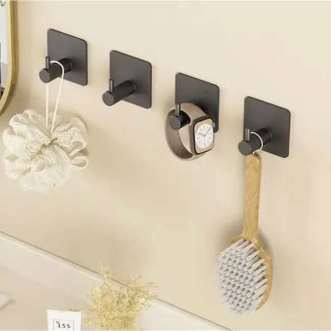 Ruhhy Zwarte Metalen Handdoekhaken – Set van 4 – Boorvrije Montage