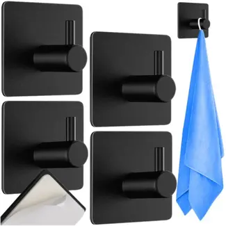 Ruhhy Zwarte Metalen Handdoekhaken – Set van 4 – Boorvrije Montage