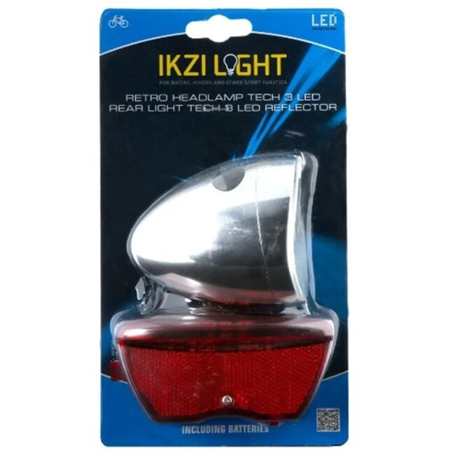 Ikzilight Retro fietslampenset - chroom - 3x LED voor - 5x LED achter - batterijvoeding - zichtbaarheid tot 800m