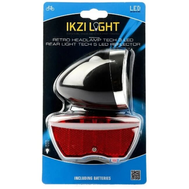 Ikzilight Retro fietsverlichtingsset - 3x LED koplamp en 5x LED achterlicht - Zwart - Batterij - Waterdicht - Standlichtfunctie