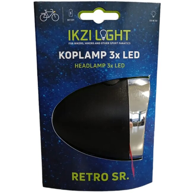 Ikzilight Retro koplamp - 3x LED - Zwart - Batterij - Zichtbaar tot 800 meter