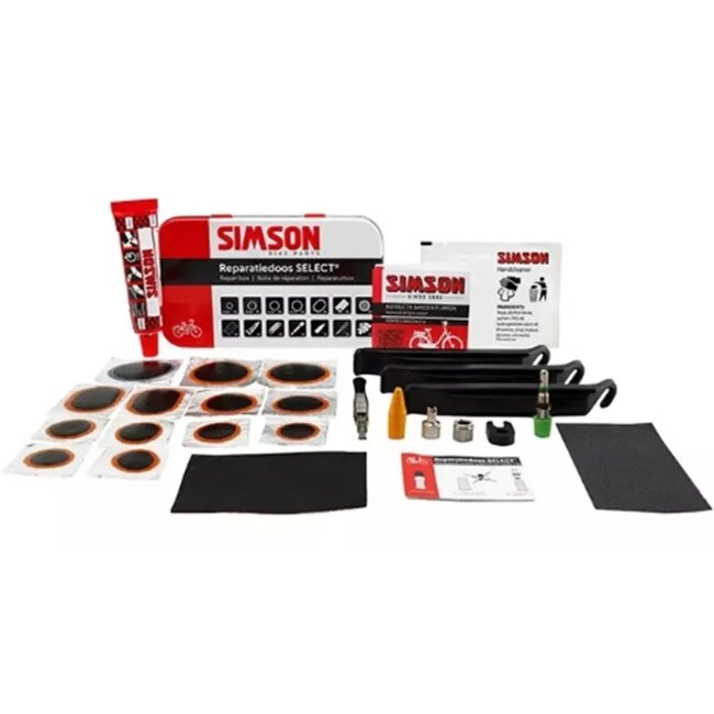 Simson Complete fietsreparatieset - 16 plakbeurten - Inclusief bandenlichters en ventiel
