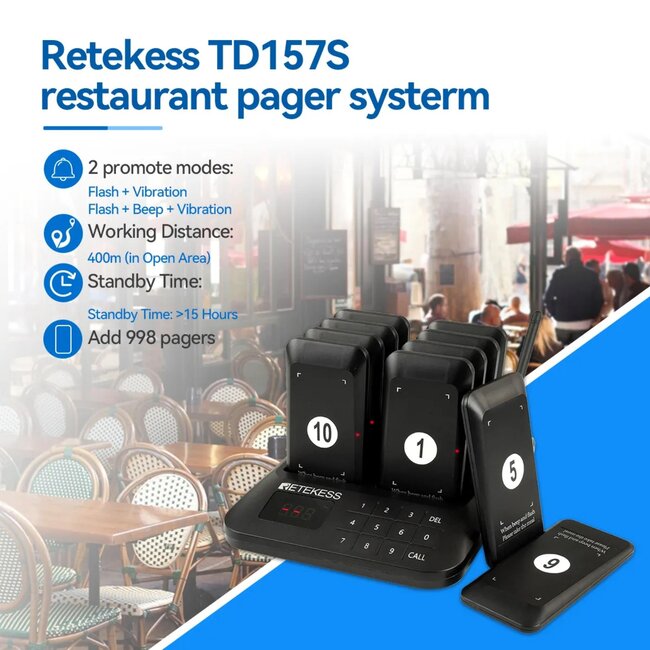 Retekess Horeca oproepsysteem - draadloos wachtrijbeheer - bereik 400 m - 10 schijfvormige wachtpiepers - restaurants en cafes