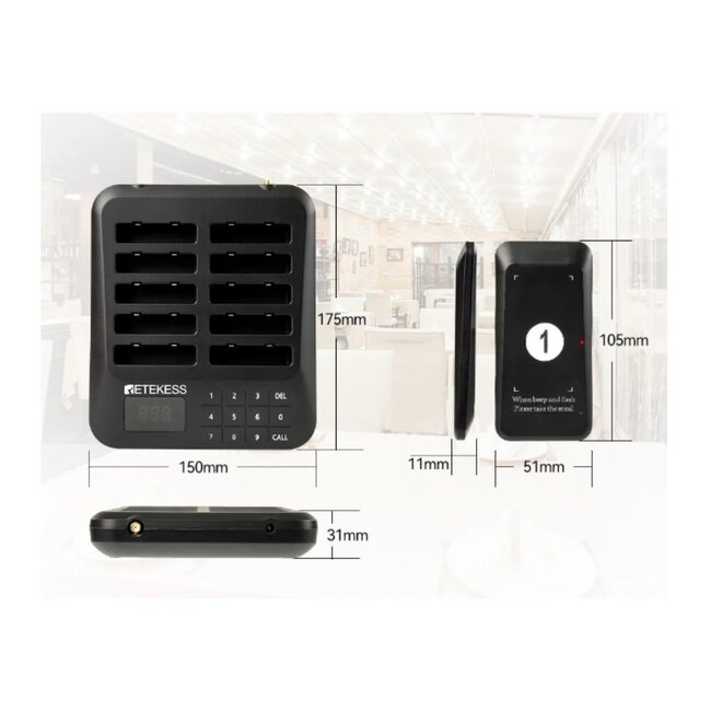 Retekess Horeca oproepsysteem - draadloos wachtrijbeheer - bereik 400 m - 10 schijfvormige wachtpiepers - restaurants en cafes