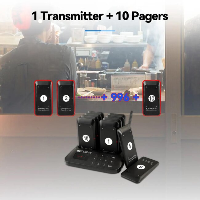 Retekess Horeca oproepsysteem - draadloos wachtrijbeheer - bereik 400 m - 10 schijfvormige wachtpiepers - restaurants en cafes