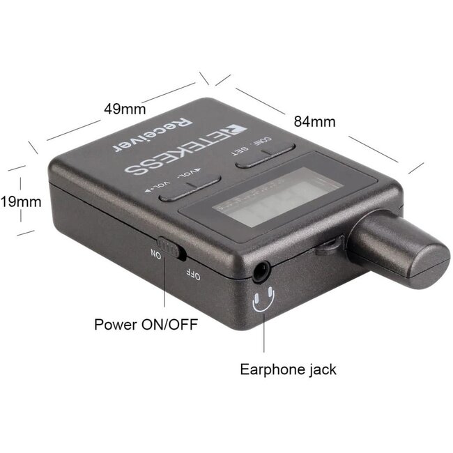 Retekess rondleidingsontvanger - kunststof - 2,4 GHz, 50 kanalen, 12 uur werktijd - 8,6 x 5,0 x 1,9 cm - zwart - rondleidingen