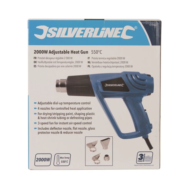 Silverline Heteluchtpistool - kunststof - 2000 W, variabel 50-550 °C, 3 standen - 4 mondstukken - verfstrippen en krimpen