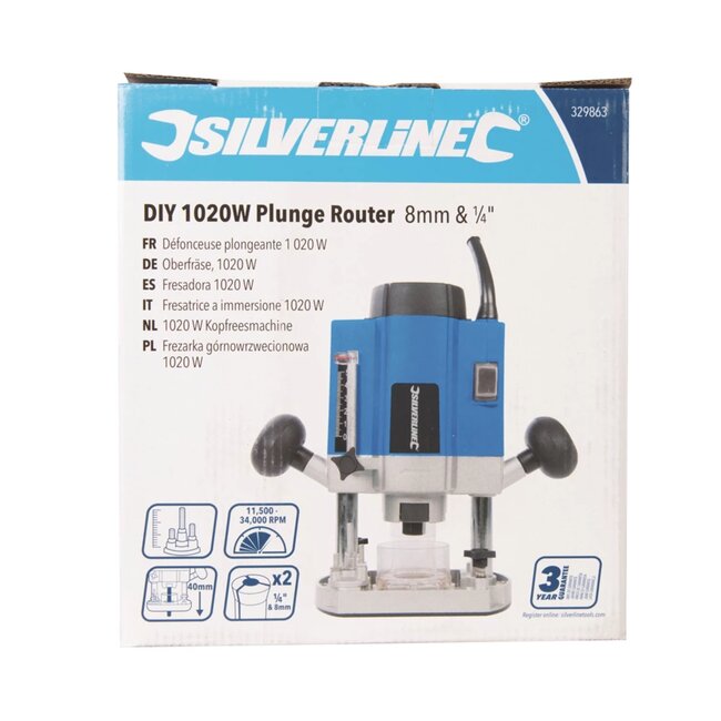 Silverline bovenfrees 1020 W met variabele snelheid en 40 mm invaldiepte - 1/4" en 8 mm spantang - geleider voor houtbewerking