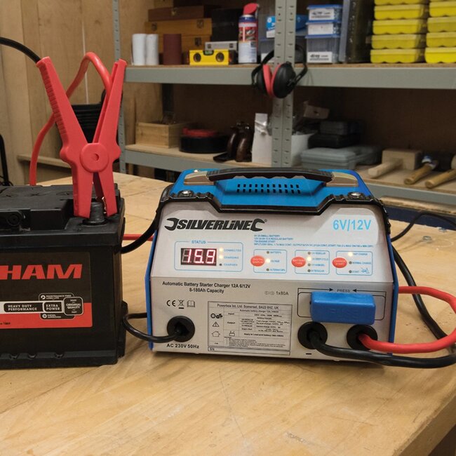 Silverline Accustarter en acculader - metaal - automatische 3-staps lader, startfunctie - 6/12 V, 12 A - auto-onderhoud