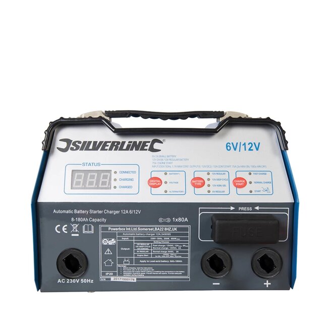 Silverline Accustarter en acculader - metaal - automatische 3-staps lader, startfunctie - 6/12 V, 12 A - auto-onderhoud