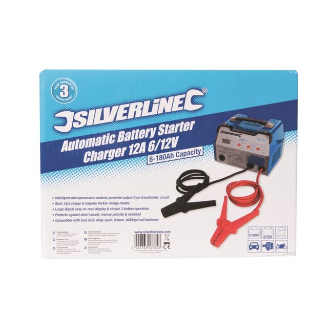 Silverline Accustarter en acculader - metaal - automatische 3-staps lader, startfunctie - 6/12 V, 12 A - auto-onderhoud