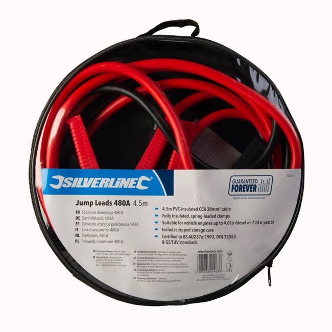 Silverline startkabelset - pvc-geisoleerde cca - starthulp 480 A, 38 mm2 - 4,5 m - rood/zwart - 2 stuks - auto en bestelwagen