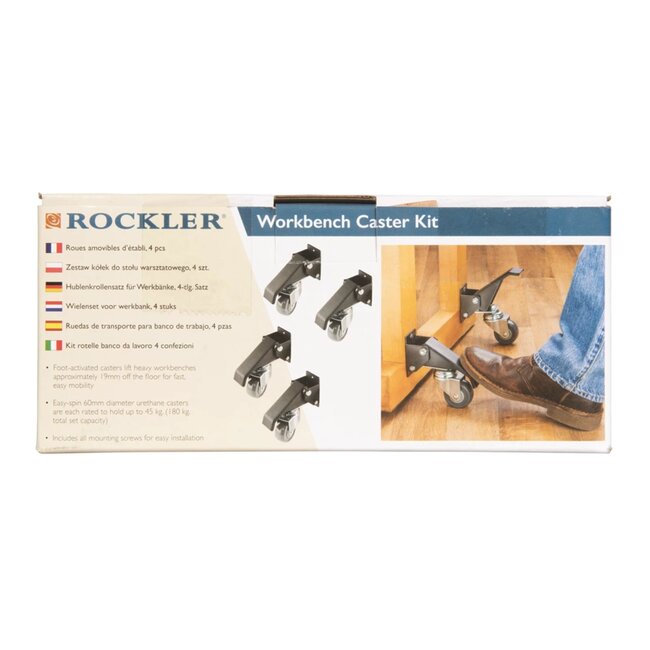 Rockler Werkbankwielenset - staal en polyurethaan - voetbediend hefsysteem - 180 kg draagvermogen - 4 stuks - voor werkbanken
